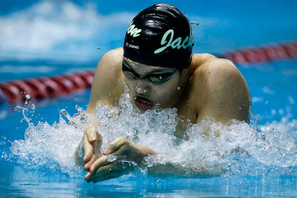 Jacksons Jonathan Cook swims to victory in the 100-yard breaststroke with a time of 55.12 Saturday during the 4A state boys swimming and diving championship at the King County Aquatic Center in Federal Way. (Ian Terry / The Herald)
