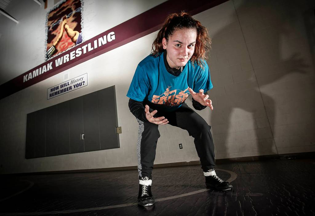 Kamiak senior wrestler Ally de la Cruz, a multisport athlete, will compete at the state wrestling tournament on Saturday.<strong> </strong>(Ian Terry / The Herald)