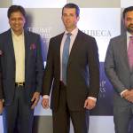 The eldest son of U.S. President Donald Trump, Donald Trump Jr. (second from right), poses with promoters of Trump Towers Pankaj Bansal (left) Basant Bansal of M3M developers and Kalpesh Mehta (right) of Tribeca developers at a photocall in New Delhi, India, on Tuesday. (AP Photo/Manish Swarup)