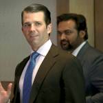 Donald Trump Jr. waves to media as he arrives for a meeting in New Delhi, India, on Tuesday. (AP Photo/Manish Swarup)