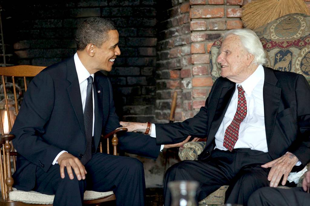 President Barack Obama meets with Rev. Billy Graham at Grahams house in Montreat, North Carolina, on April 25, 2010. (Pete Souza/Official White House Photo)