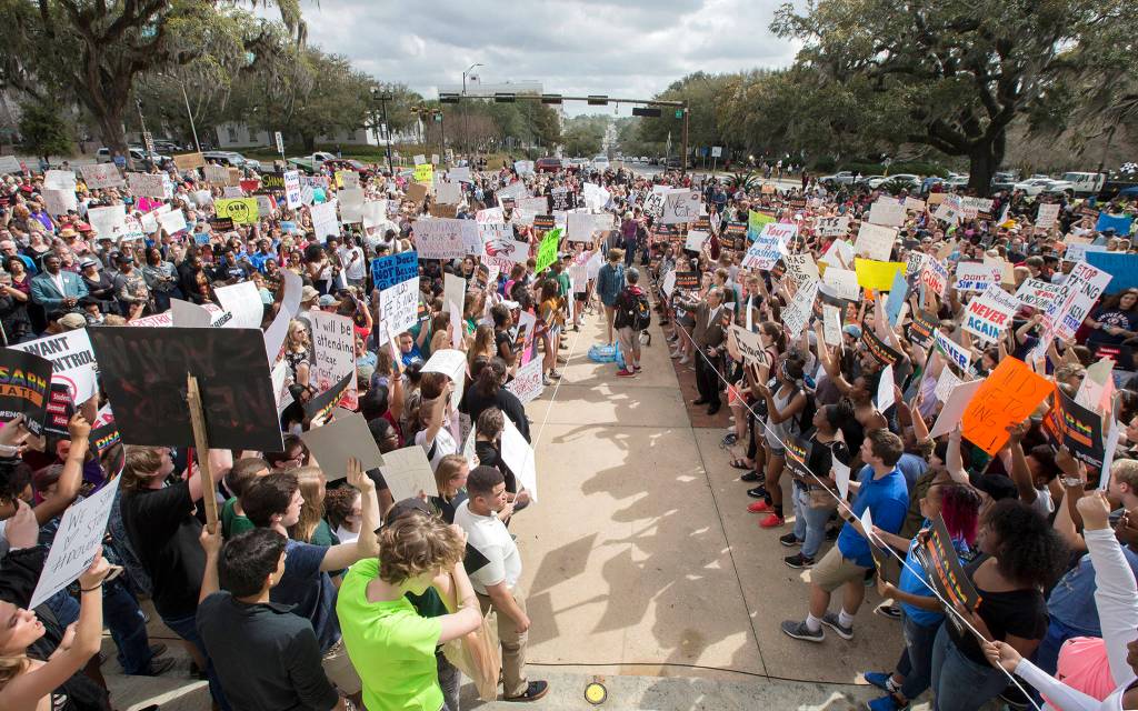 Students gather on the steps of the old Florida Capitol protesting gun violence in Tallahassee, Florida, on Wednesday. The students from Marjory Stoneman Douglas High School are in town to lobby the Florida Legislature after a shooting that left over a dozen dead at their school. (AP Photo/Mark Wallheiser)
