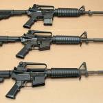 Three variations of the AR-15 assault rifle are displayed at the California Department of Justice in Sacramento. (AP Photo/Rich Pedroncelli,file)