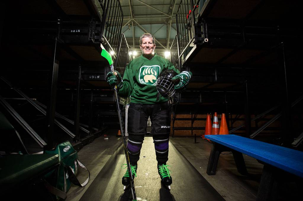 Leslie Tidball practices on the Snohomish County Womens Ice Hockey team at the main rink at Angel of the Winds Arena in Everett. (Andy Bronson / The Herald)