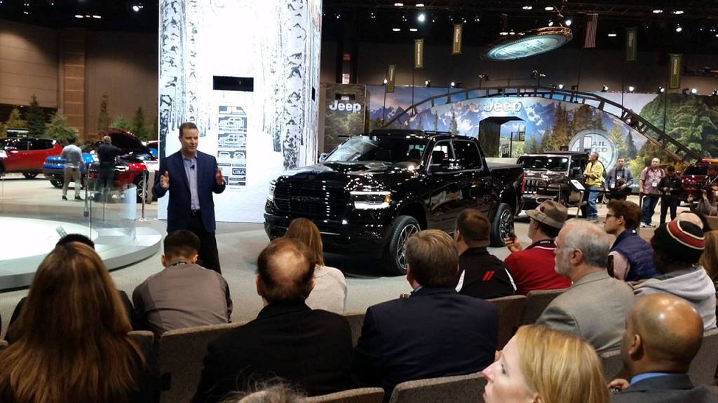 A customized 2019 Ram 1500 pickup modified with Mopar equipment is introduced to automotive media members at the 2018 Chicago Auto Show. (Mary Lowry / For The Herald)