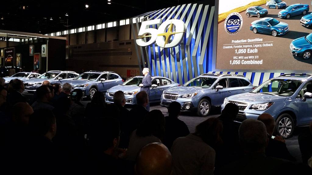 Subaru marks its 50th anniversary in the U.S. this year with a limited edition anniversary model of every car in its lineup, featuring Heritage Blue paint, satin chrome exterior trim, and other distinguishing characteristics. (Mary Lowry / For The Herald)