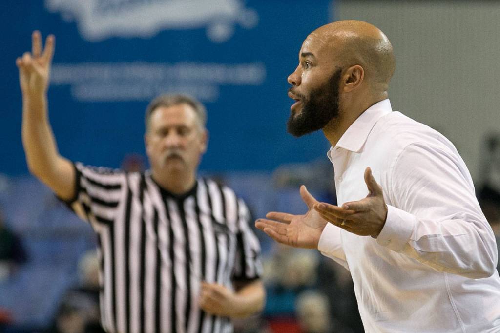 Kamiak head coach, Cory West addresses his team during a 4A Hardwood Classic game against Union on Feb. 28, 2018, at the Tacoma Dome. (Kevin Clark / The Herald)