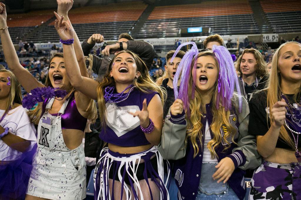 Kamiak fans cheer during a 4A Hardwood Classic game against Union on Feb. 28, 2018, at the Tacoma Dome. (Kevin Clark / The Herald)