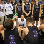 Kamiak head coach Corey West addresses his team during a timeout against Union in the 4A Hardwood Classic on Feb. 28, 2018, at the Tacoma Dome. (Kevin Clark / The Herald)