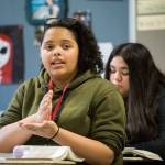 Cascade High Schools Jacy Allen talks about her life experiences during a class focused around the life of Malala Yousafzai on Feb. 28 in Everett. (Andy Bronson / The Herald)