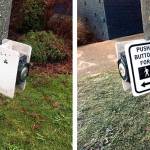 Older crosswalk signs are prone to legend failure (left), a problem solved with stickers (right) until the crosswalk equipment is eventually upgraded to ADA-compliant push buttons. (Herald photos)