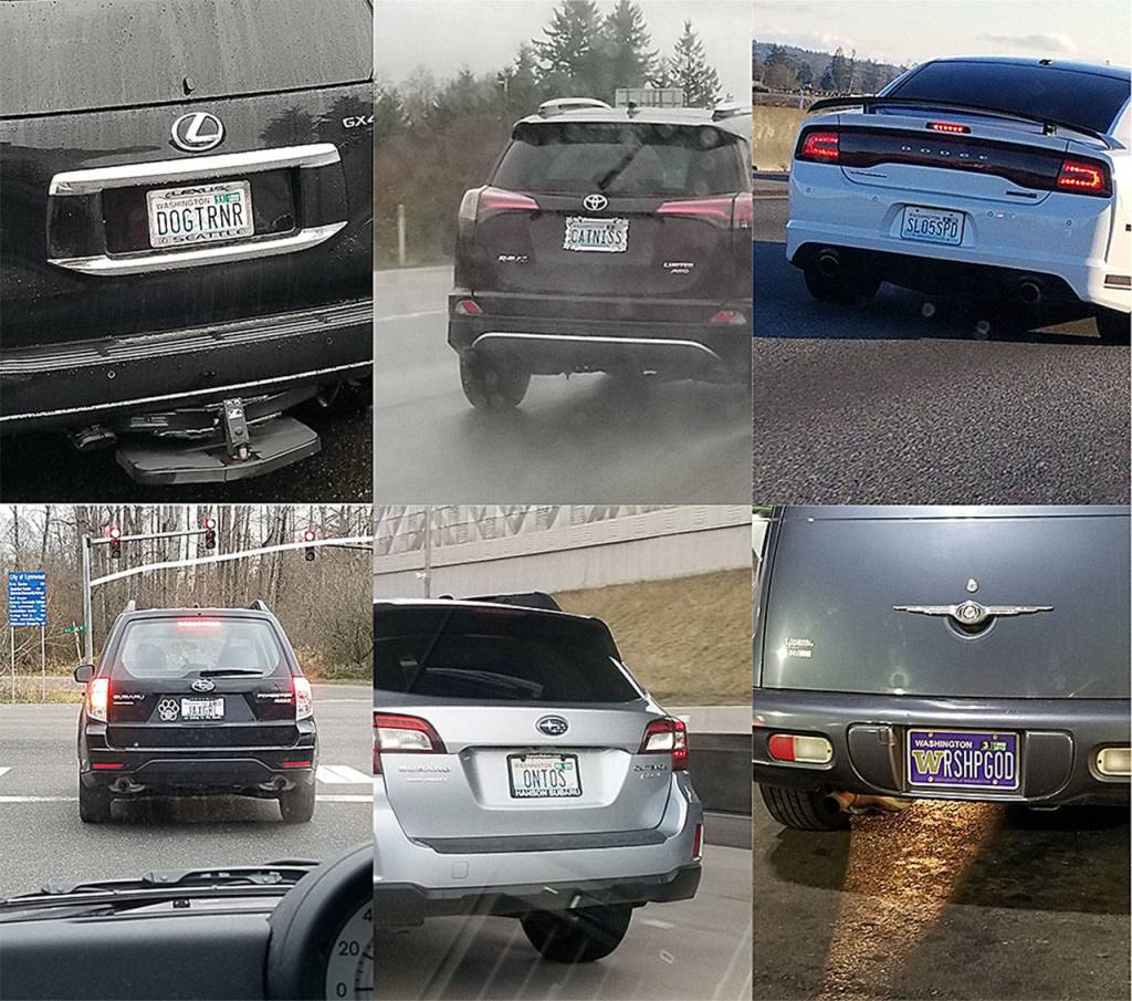Just some of the recent finds by Katie Brown, of Lynnwood, who makes a hobby of snapping photos of personalized license plates she sees. Others have since started contributing to her rapidly growing Facebook album. (Contributed photos)