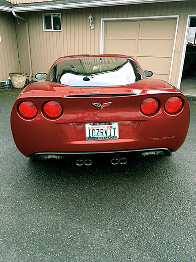 The license plate on Margaret Brights Corvette gives an indication of what led the Lake Stevens grandma to purchase the fun set of wheels. (Contributed photo)