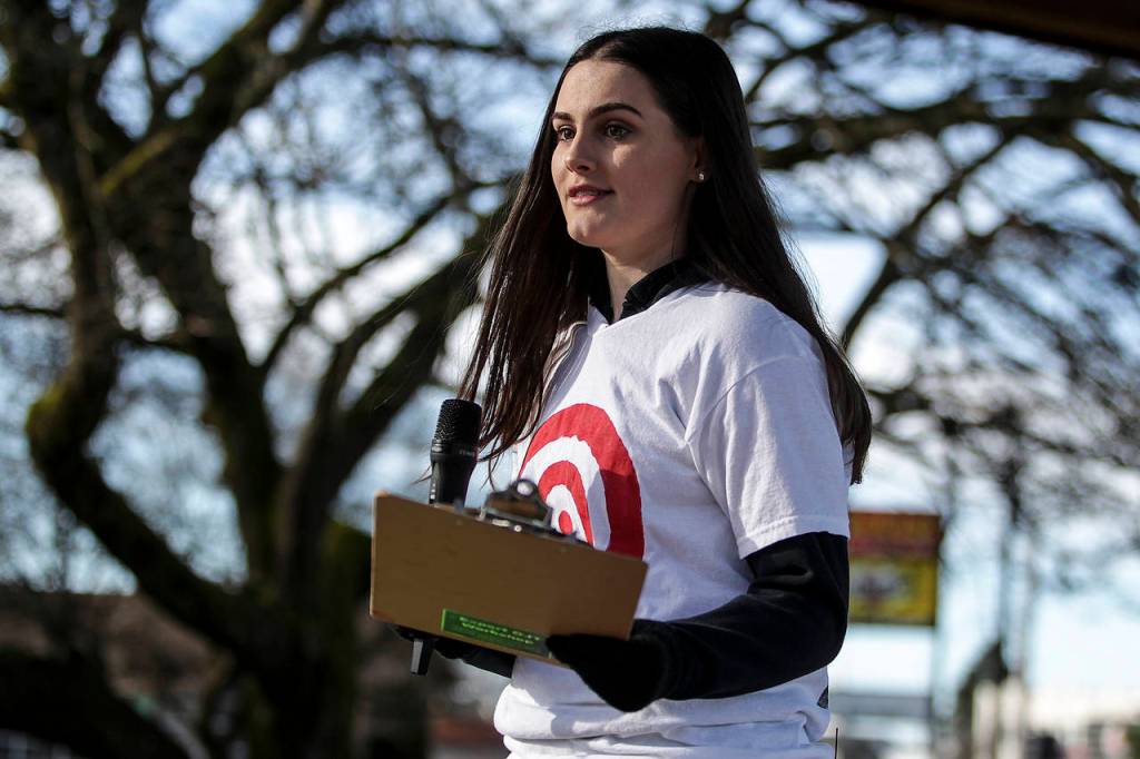 Student organizer Bailey Thoms, 16, a junior at Marysville Getchell High School, speaks at a rally at Comeford Park in Marysville in support of increased mental healthcare and gun regulations on Saturday. (Ian Terry / The Herald)