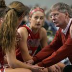 Stanwoods head coach, Dennis Kloke addresses his team during a timeout during the WIAA state basketball tournament Wednesday at the Tacoma Dome in Tacoma on February 28, 2018. (Kevin Clark / The Daily Herald)