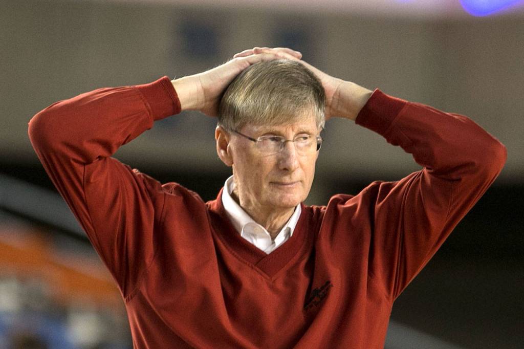 Stanwoods head coach Dennis Kloke reacts to the action on the court against Lincoln during the WIAA state basketball tournament Wednesday at the Tacoma Dome in Tacoma on March 1, 2018. (Kevin Clark / The Daily Herald)