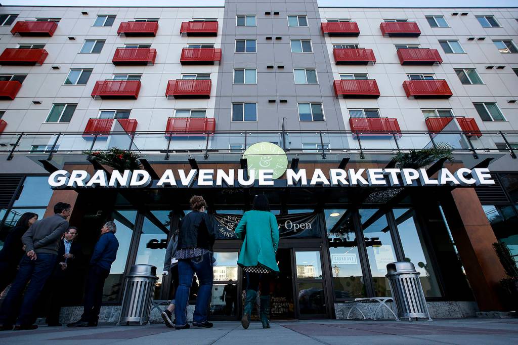 The Grand Avenue Marketplace is seen in downtown Everett. (Ian Terry / The Herald)