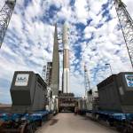 A United Launch Alliance Atlas V rocket, waiting for liftoff on Thursday, is rolled to Space Launch Complex 41 at Cape Canaveral Air Force Station in Florida. (Ben Smegelsky/NASA via AP)