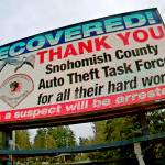 The owner of a billboard company displayed this thank-you after the Snohomish County Auto Theft Task Force recovered his stolen excavator. (Snohomish County Sheriff)