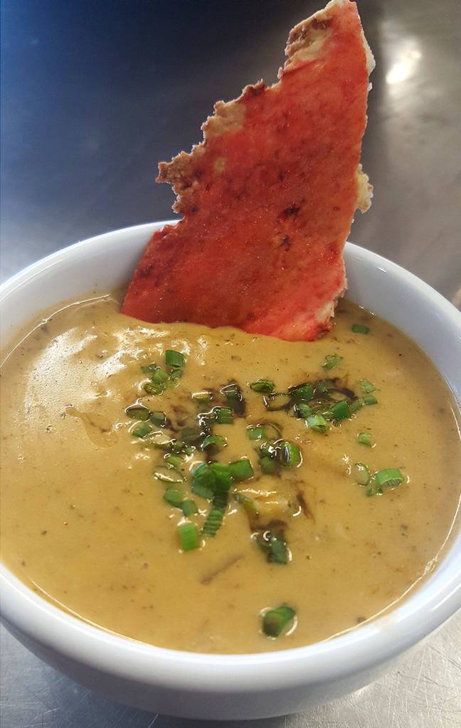 This gumbo-infused chowder from Chef Dane Catering put a Northwest play on a Creole favorite. Its served with a drizzle of bourbon simple syrup and a Tabasco bacon cracker. (Chef Dane Catering)