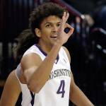 Washingtons Matisse Thybulle reacts after hitting a 3-point shot against Oregon State in the first half of a game March 1, 2018, in Seattle. (AP Photo/Elaine Thompson)