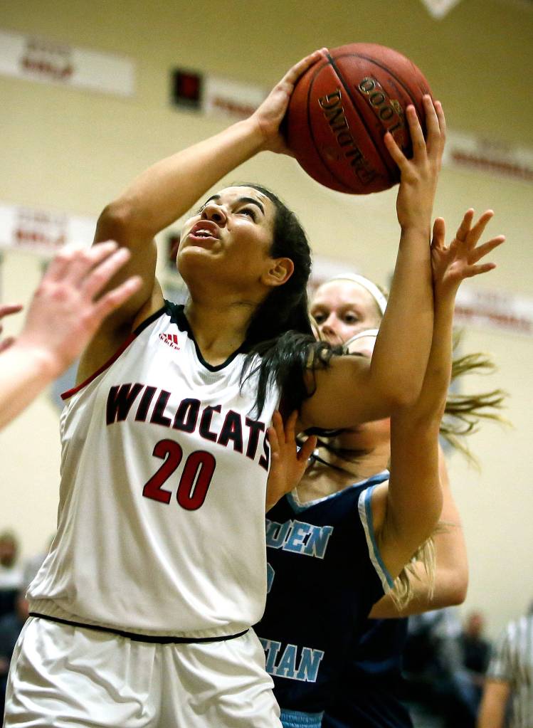 Archbishop Murphys Julia Lucas (20) goes up for a shot during a game against Lynden Christian at Archbishop Murphy High School on Feb. 1. (Ian Terry / The Herald)