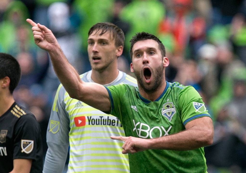 Sounders forward Will Bruin reacts to a waved off goal on the Xbox Pitch at CenturyLink Field Sunday afternoon in Seattle on March 4, 2018. Los Angeles FC won 1-0. (Kevin Clark / The Daily Herald)