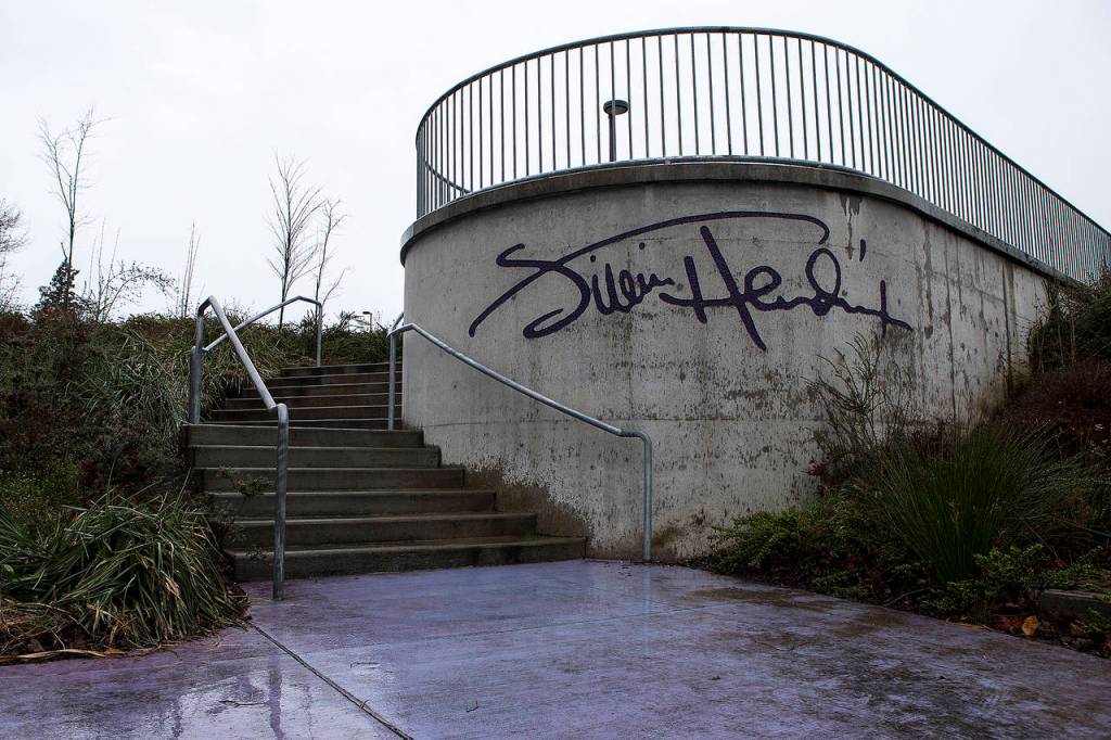 Hendrixs signature graces a staircase leading to Jimi Hendrix Park. (Ian Terry / The Herald)