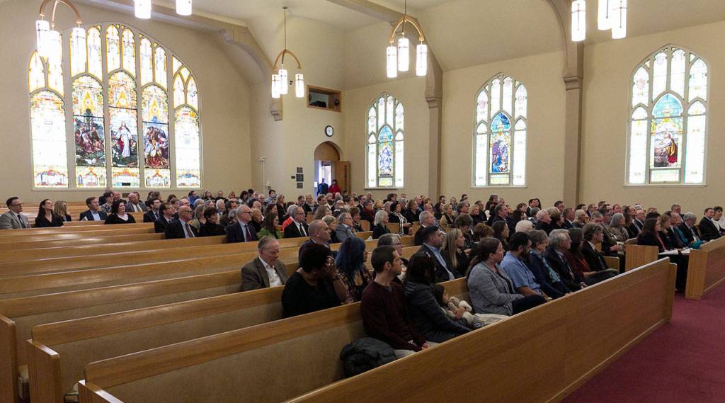 Friends and family gather for the memorial service of Helen Jackson Saturday afternoon at First Presbyterian in Everett on March 24, 2018. (Kevin Clark / The Daily Herald)