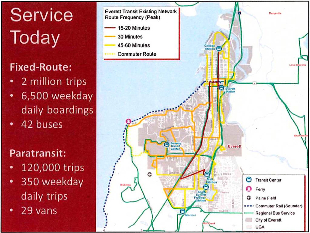 Everett Transits service routes might be changing in the years ahead. Today it has 11 routes. (Everett Transit)                                Everett Transits service routes may be changing in the years ahead. Today it has 11 routes. (Everett Transit)