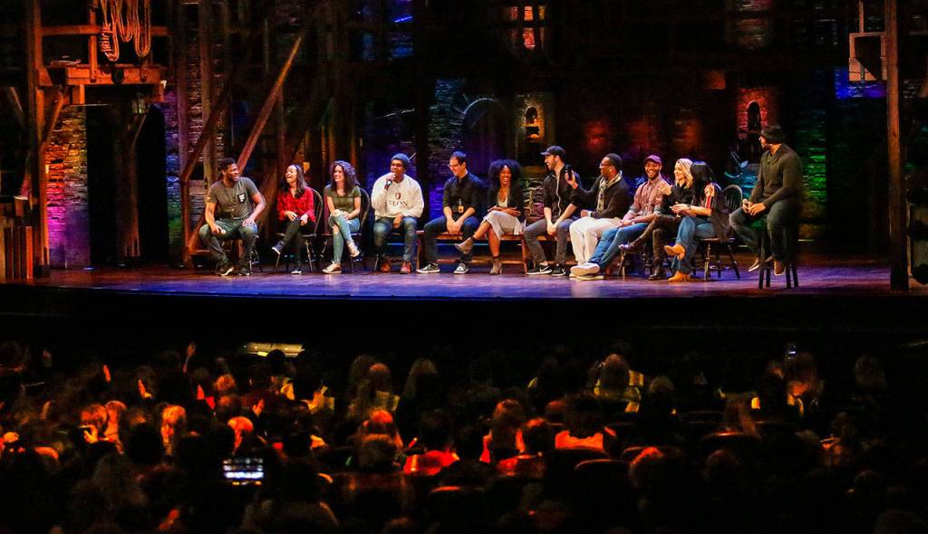 A question-and-answer time with a dozen members of the Hamilton cast is part of the experience sponsored by the Gilder Lehrman Institute of American History. Here, the cast addresses questions from the young audience. (Dan Bates / The Herald)