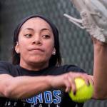 Seli Aholelei throws a pitch during a recent practice at Edmonds Community College. (Kevin Clark / The Daily Herald)