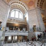 A school group walks down the steps of the Capitol Rotunda in Olympia on March 8, the final day of the regular session of the Legislature. (AP Photo/Ted S. Warren, file)