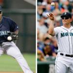 Left: Seattle Mariners third baseman Adrian Beltre prepares to bare-hand a ground out by Kansas City Royals Coco Crisp in the fifth inning of a spring training baseball game in Surprise, Arizona, on March 18, 2009. (AP Photo/Tony Gutierrez, file) Right: Seattle Mariners Kyle Seager in action against the Oakland Athletics in a baseball game May 12, 2013, in Seattle. (AP Photo/Elaine Thompson, file)