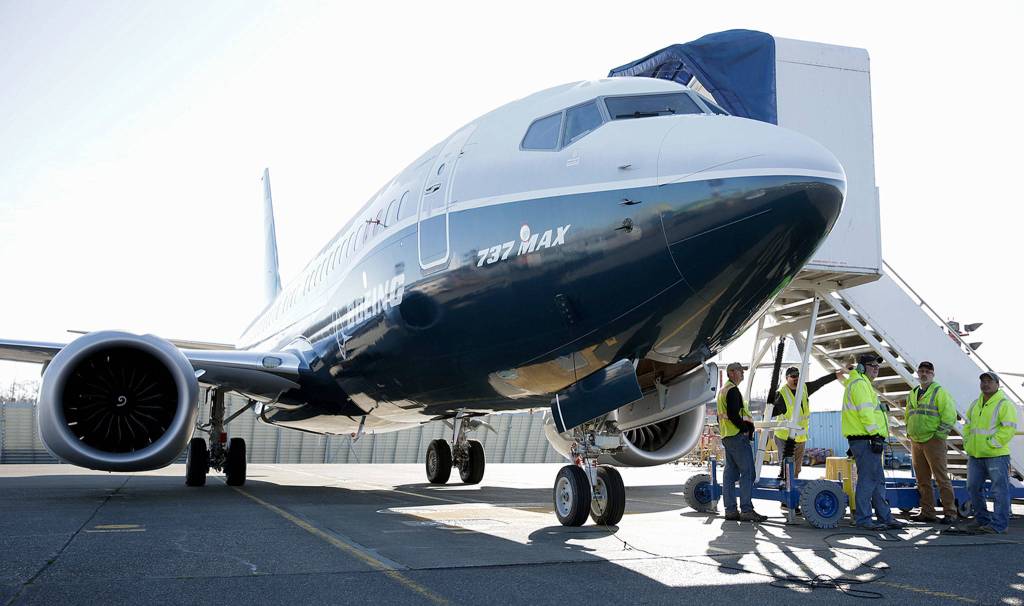 A Boeing 737 MAX 7 on the ramp before its first flight on Friday in Renton. (AP Photo/Jason Redmond)