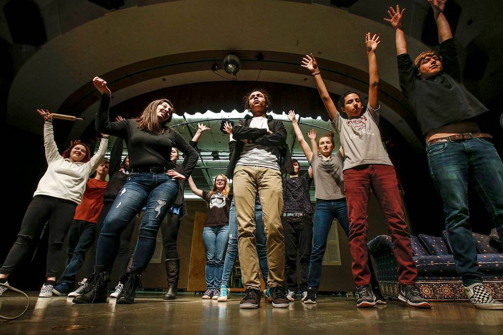 Marysville Pilchuck High Schools drama club rehearses at the school on Feb. 20. (Ian Terry / The Herald)
