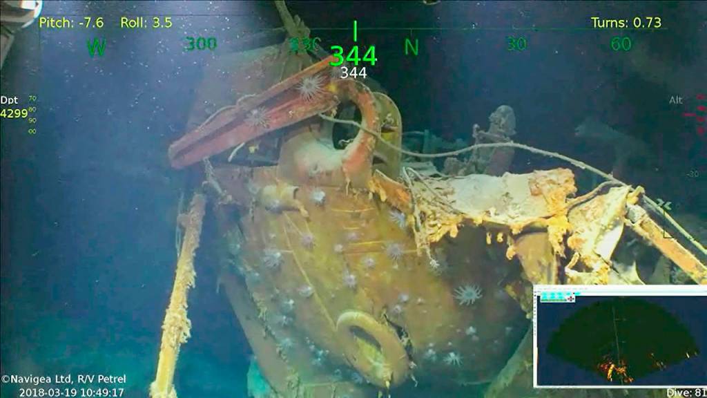 This March 19 underwater video image shows wreckage from the USS Juneau, a U.S. Navy ship sunk by the Japanese torpedoes 76 years ago, found in the South Pacific. (Paul Allen via AP)