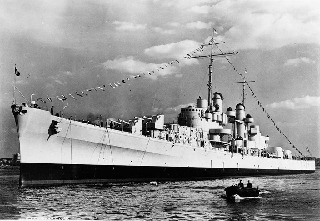 This Oct. 25, 1941 photo shows the USS Juneau afloat just after being launched at the Federal Shipbuilding Company yard in Kearny, New Jersey. (U.S. National Archives via AP)