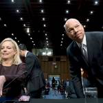 Homeland Security Secretary Kirstjen Nielsen (left) and former Homeland Security Secretary Jeh Johnson (right) arrive for a Senate Intelligence Committee hearing on election security on Capitol Hill in Washington on Wednesday. (AP Photo/Andrew Harnik)