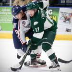 The Silvertips Matt Fonteyne (right) and the Americans Brett Leason face off during a game on October 18, 2017, in Everett. (Kevin Clark / The Herald)