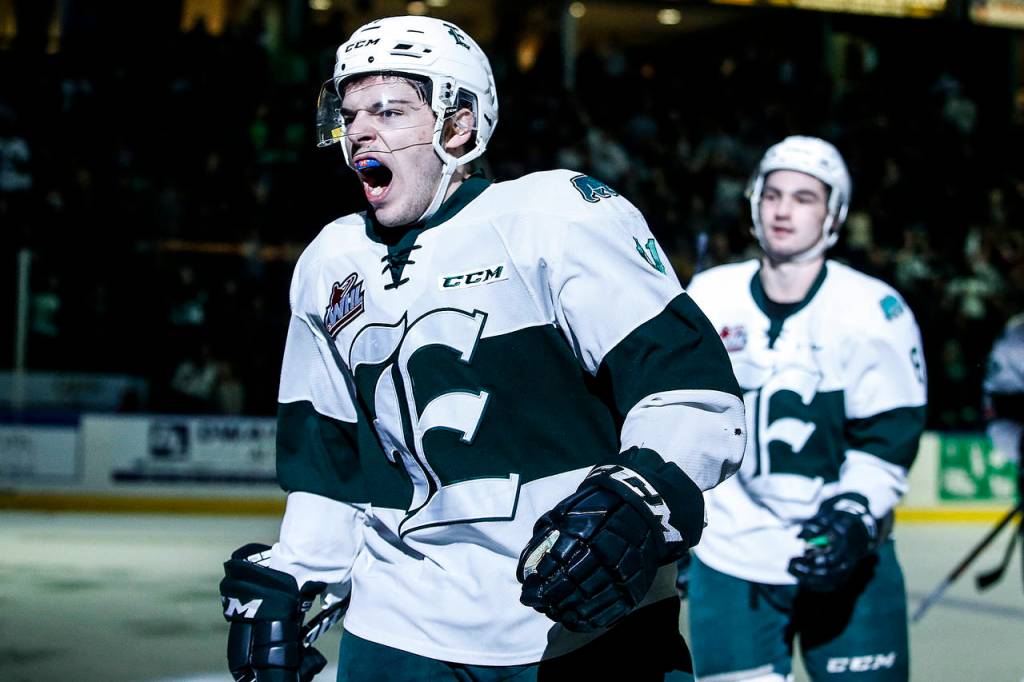 Silvertips center Garrett Pilon celebrates his first-period goal during the first game of an opening-round playoff series against the Thudnerbirds on March 23, 2018, at Angel of the Winds Arena in Everett. (Ian Terry / The Herald)