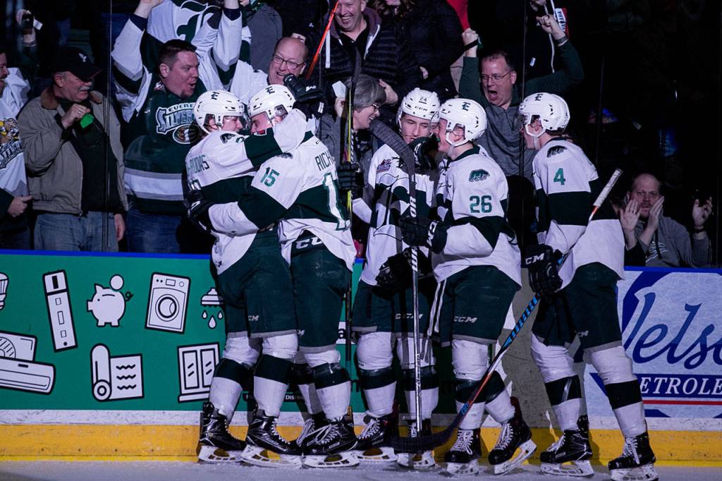 The Silvertips celebrate a goal in the first period of a playoff game on March 24, 2018, at Angel of the Winds Arena in Everett. (Kevin Clark / The Herald)