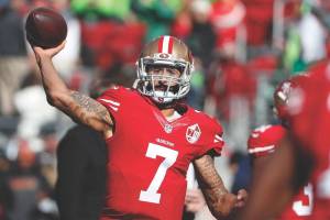 San Francisco 49ers quarterback Colin Kaepernick (7) warms up before an NFL football game against the Seattle Seahawks in Santa Clara, Calif., in January of 2017. (Tony Avelar / Associated Press)