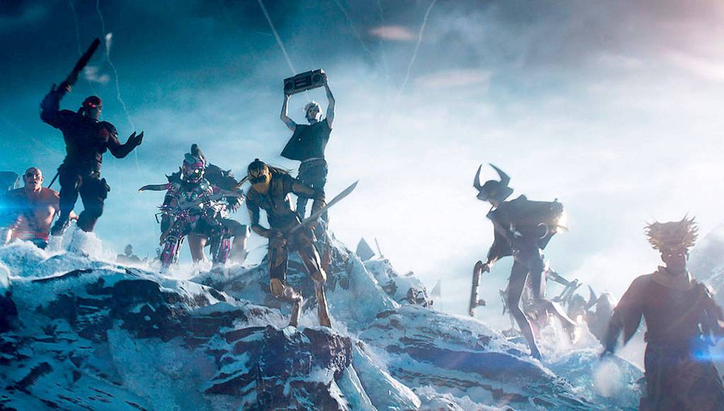 A battle scene in the virtual-reality universe of the Oasis. (Warner Bros. Pictures)