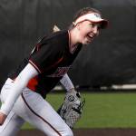 Monroes Cassidy Conrad celebrates a strikeout during a game against Jackson on March 30, 2018, at Monroe High School. (Ian Terry / The Herald)