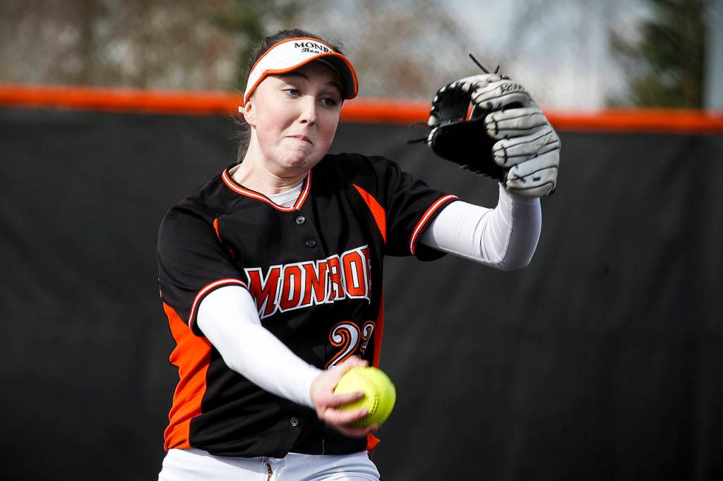 Monroes Cassidy Conrad delivers a pitch during a game against Jackson on March 30, 2018, at Monroe High School. (Ian Terry / The Herald)