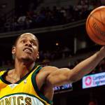 Seattle SuperSonics guard Ray Allen goes up for a shot against the Denver Nuggets during the third quarter in an NBA basketball game in Denver in this March 24, 2006. (AP Photo/David Zalubowski)