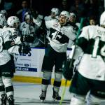 Everetts Ondrej Vala (center) celebrates his goal in the second period during a playoff game against Seattle at Angel of the Winds Arena in Everett on Saturday, March 31. (Ian Terry / The Herald)