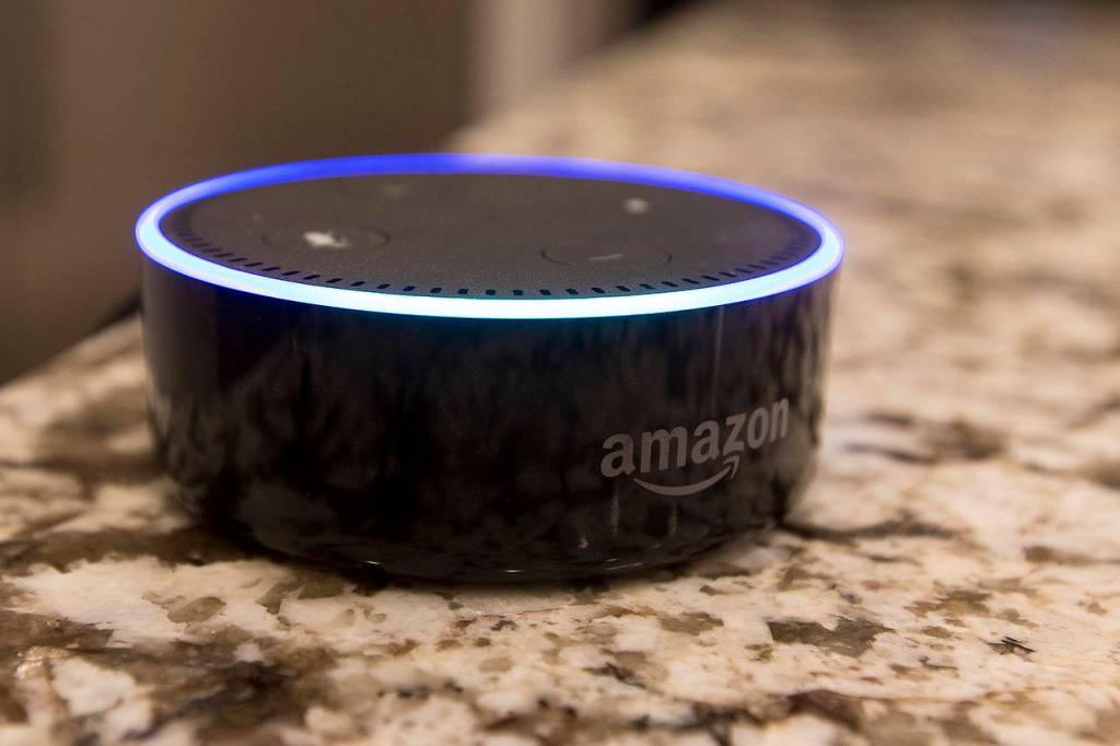 An Amazon Echo device is seen on the Arguelles familys kitchen countertop at their Edmonds home. (Ian Terry / The Herald)