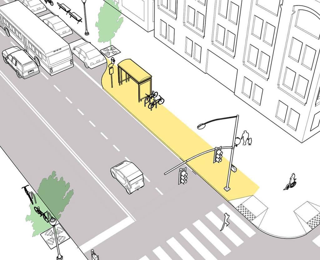A series of new bus stops is planned on Broadway using bus bulbs, which move the stop off the main sidewalk and get rid of bus turnout areas. (Everett Transit)